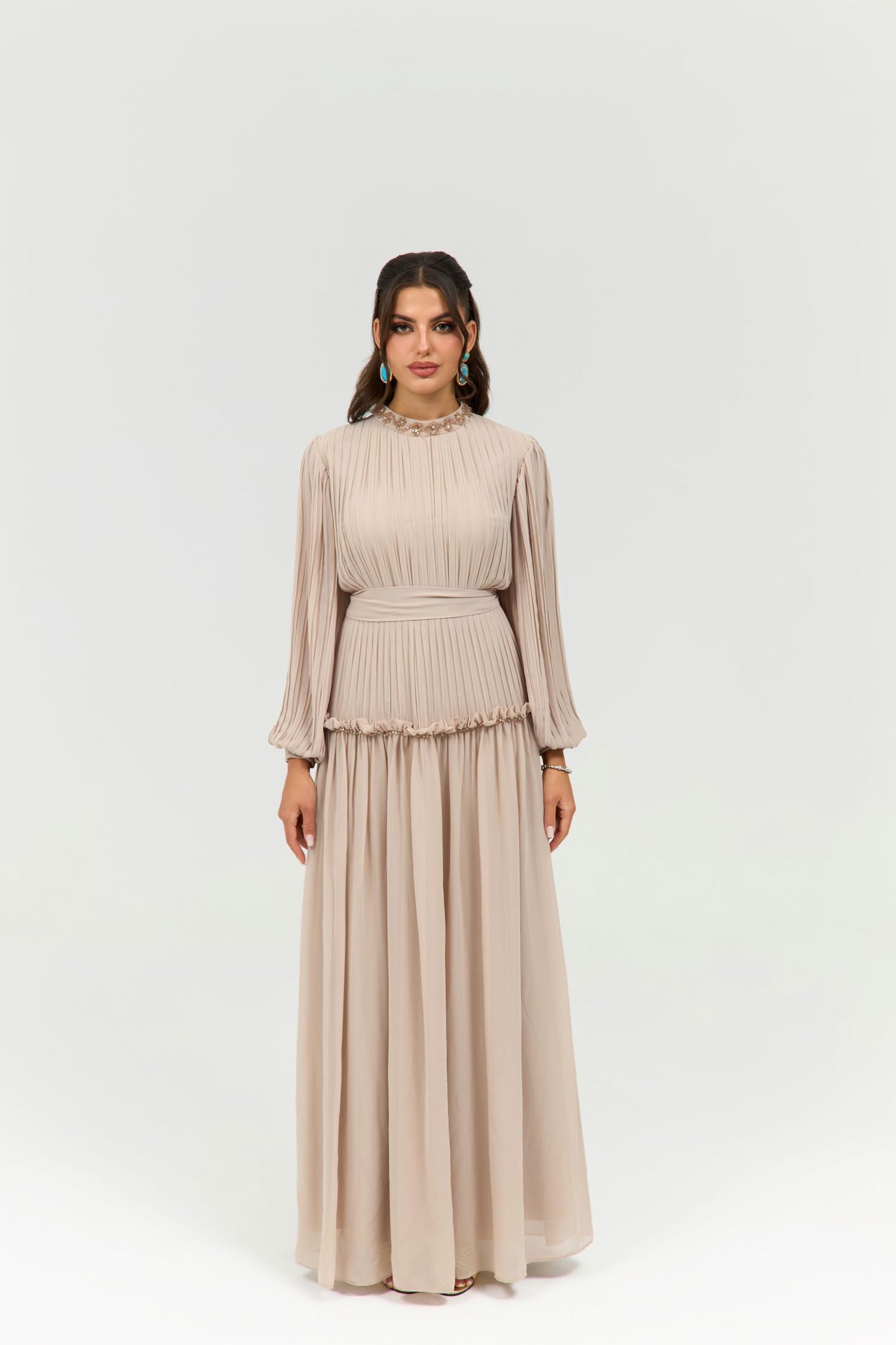Pleated Beige Dress