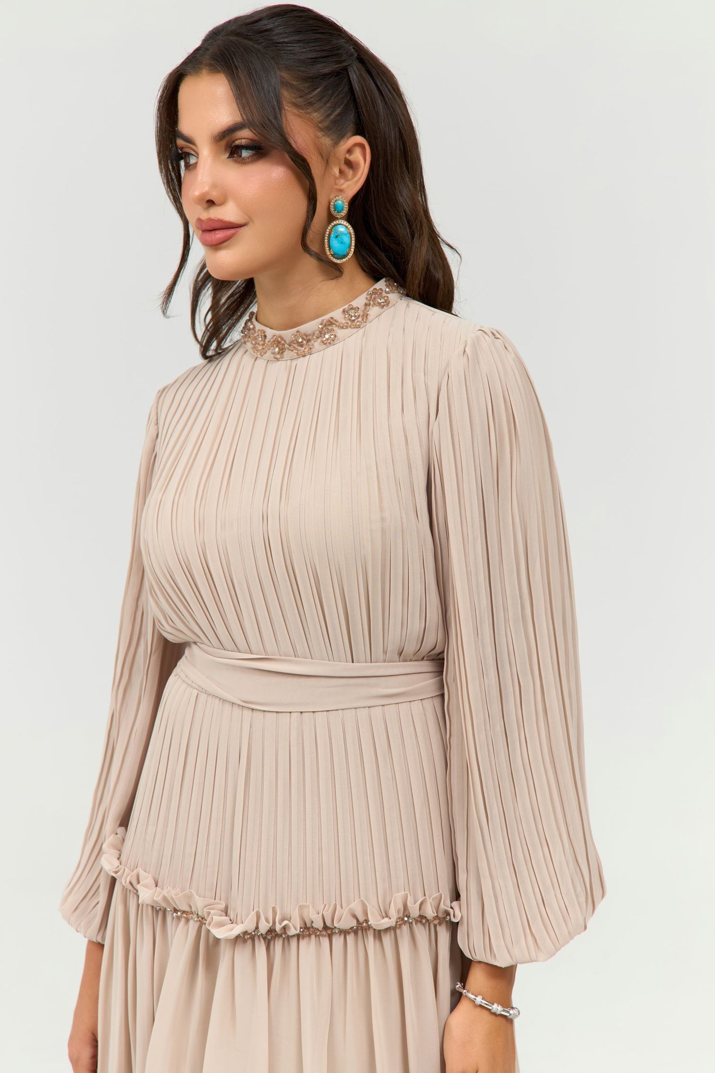 Pleated Beige Dress