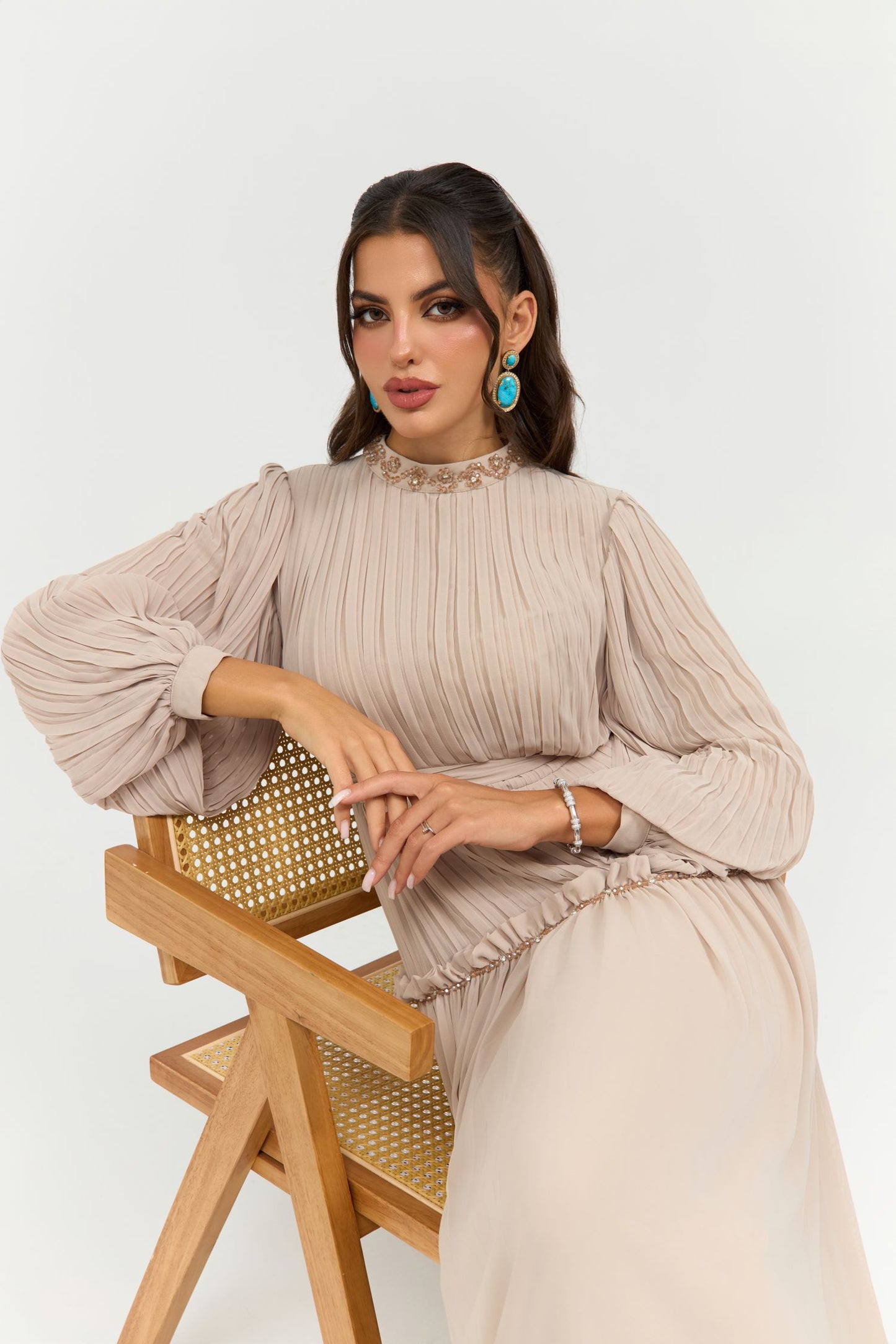 Pleated Beige Dress