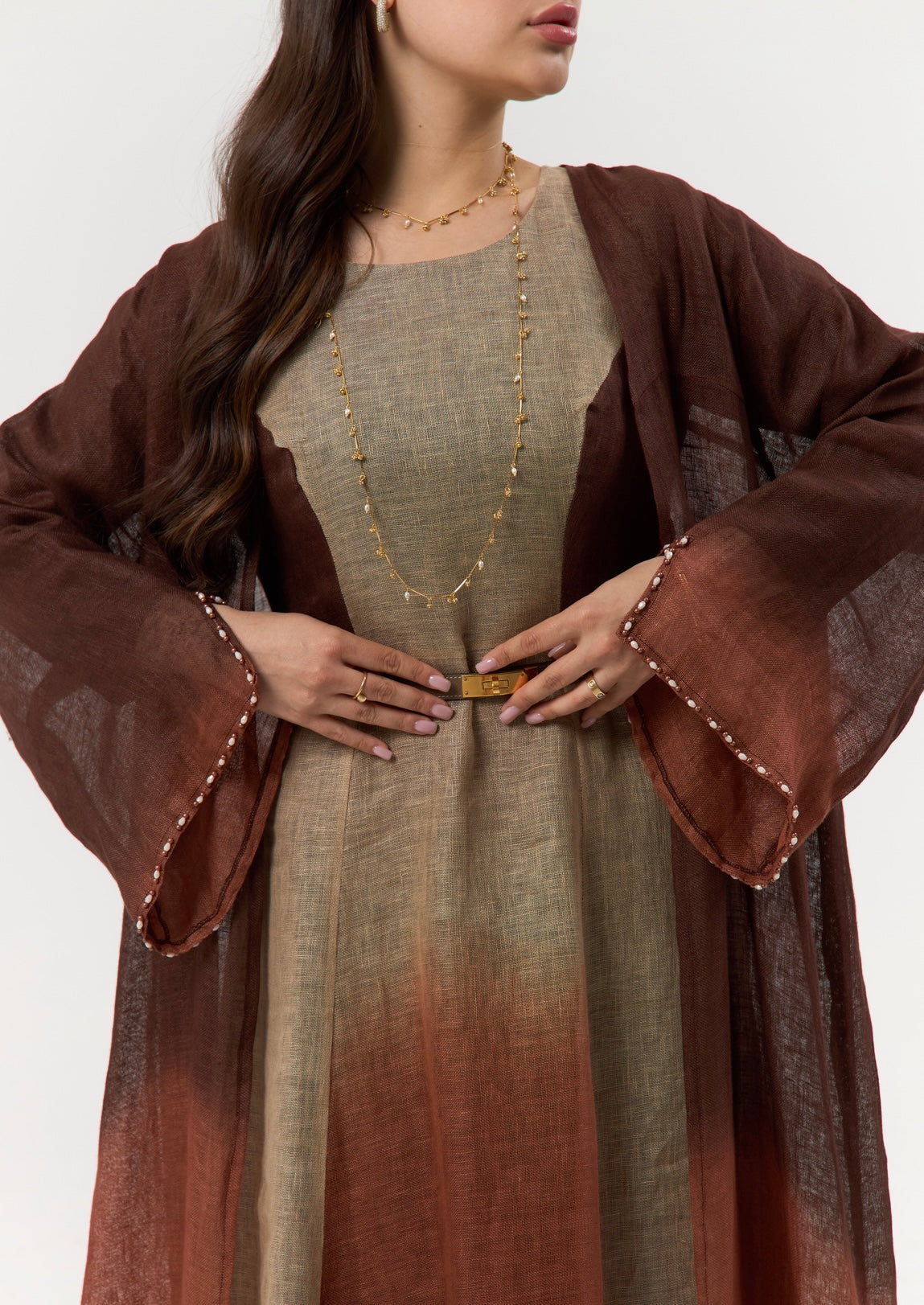 Brown Linen Ombré Abaya / Travel Wear Set